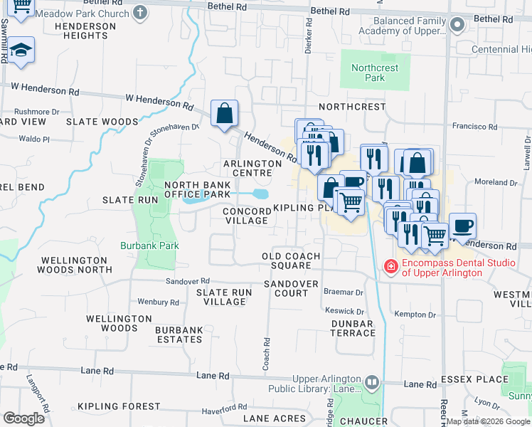 map of restaurants, bars, coffee shops, grocery stores, and more near 2158 Sandston Road in Columbus