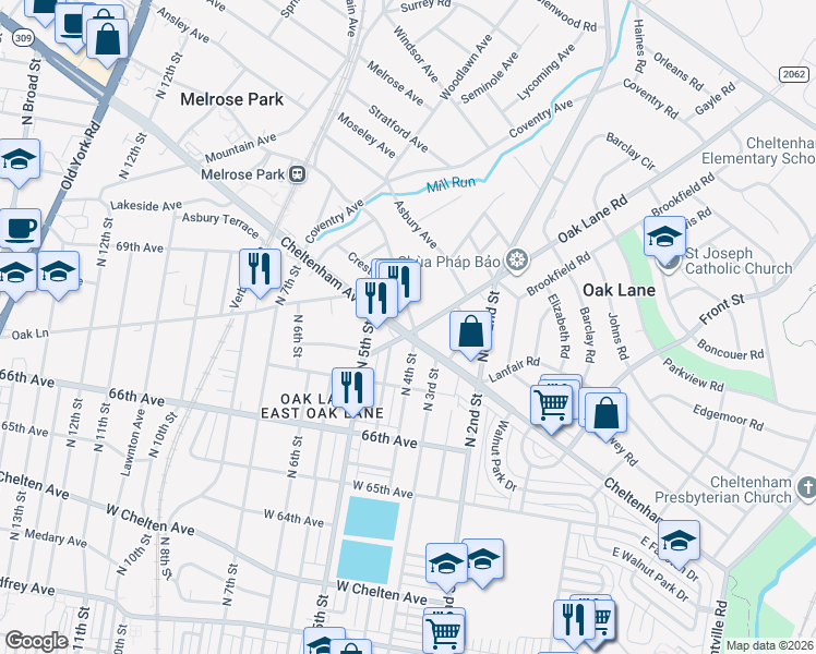 map of restaurants, bars, coffee shops, grocery stores, and more near 399 West Cheltenham Avenue in Montgomery