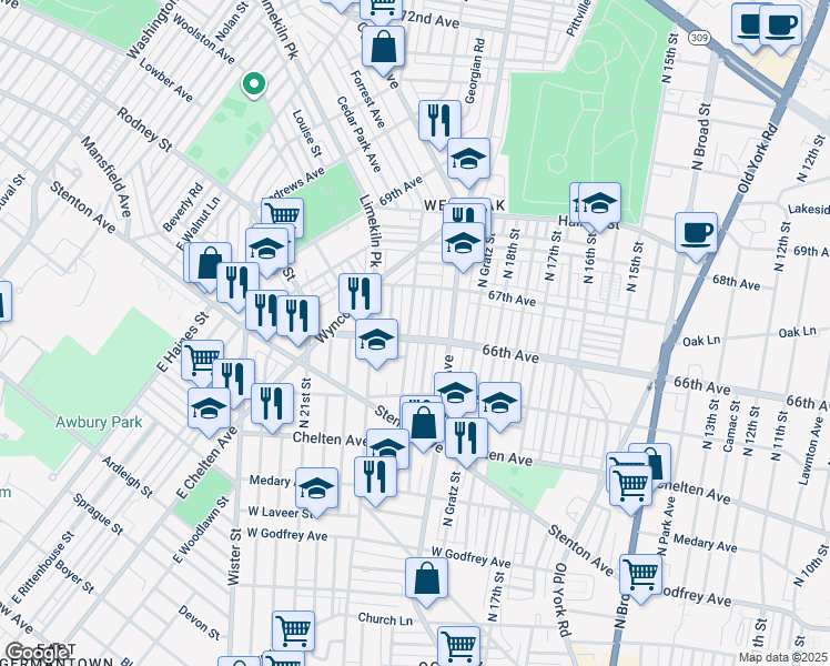 map of restaurants, bars, coffee shops, grocery stores, and more near 6603 North 20th Street in Philadelphia