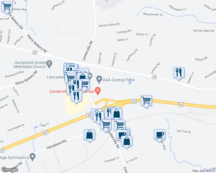 map of restaurants, bars, coffee shops, grocery stores, and more near 675 Estelle Drive in Lancaster
