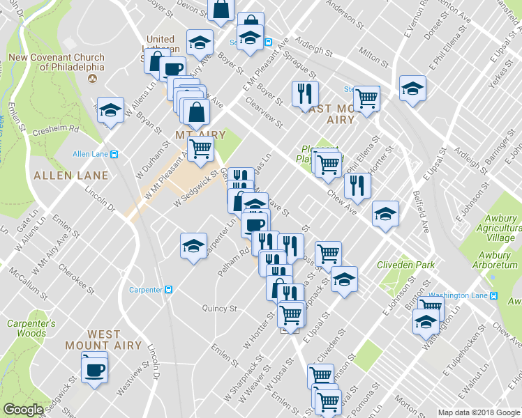 map of restaurants, bars, coffee shops, grocery stores, and more near 27 Pleasant Street in Philadelphia