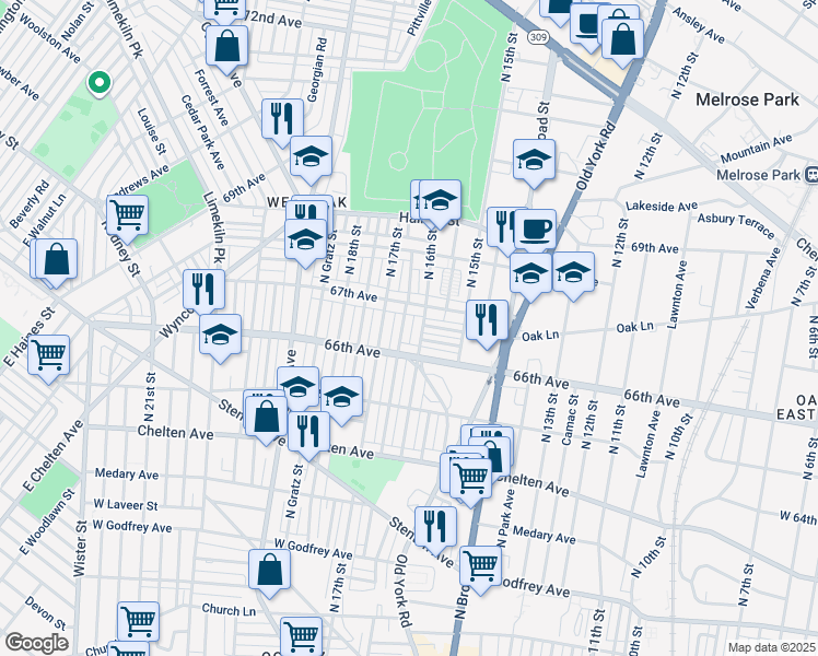 map of restaurants, bars, coffee shops, grocery stores, and more near 6631 North Smedley Street in Philadelphia