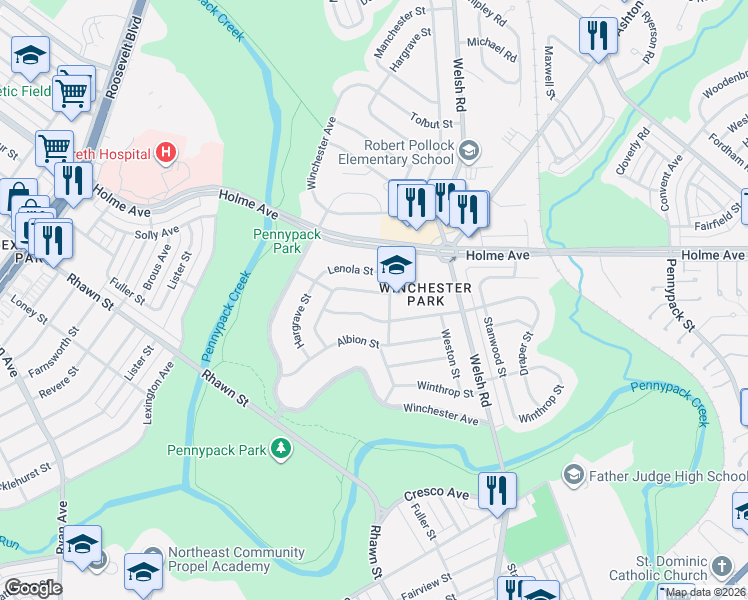 map of restaurants, bars, coffee shops, grocery stores, and more near 8020 Colfax Street in Philadelphia