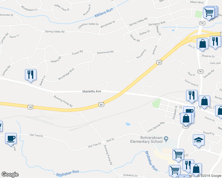map of restaurants, bars, coffee shops, grocery stores, and more near 2511 Marietta Avenue in Lancaster