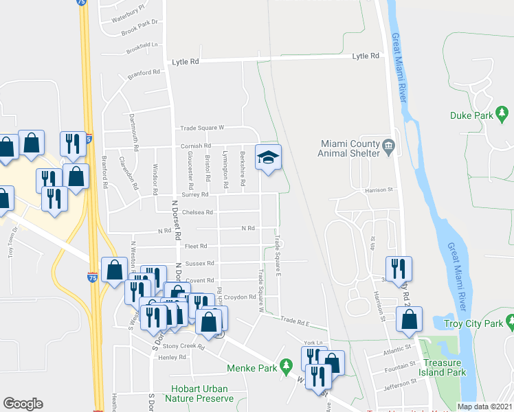 map of restaurants, bars, coffee shops, grocery stores, and more near 1303 Chelsea Road in Troy