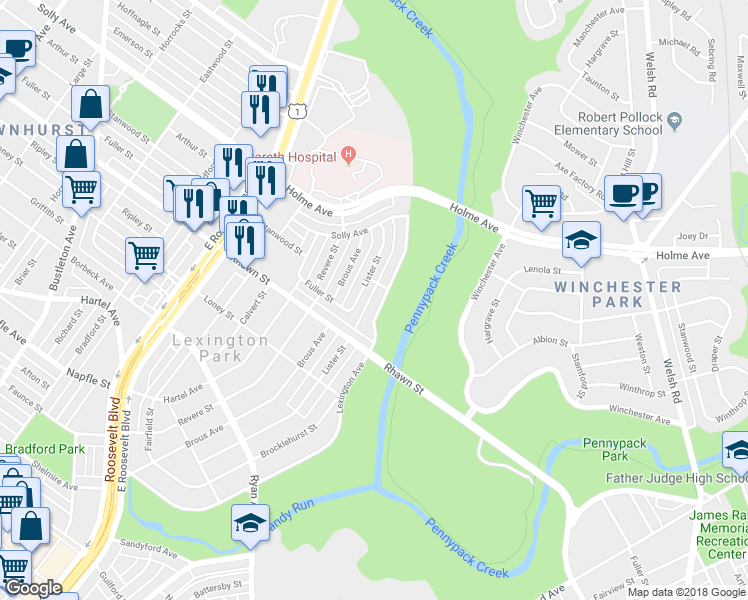 map of restaurants, bars, coffee shops, grocery stores, and more near 8026 Lexington Avenue in Philadelphia