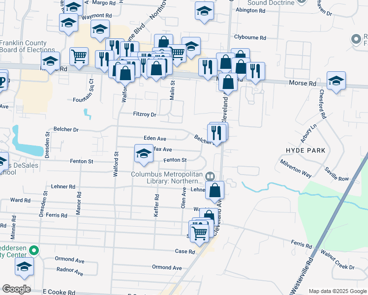 map of restaurants, bars, coffee shops, grocery stores, and more near 2295 Colfax Avenue in Columbus