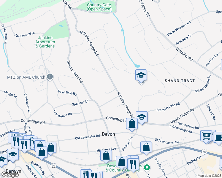 map of restaurants, bars, coffee shops, grocery stores, and more near 410 North Valley Forge Road in Devon