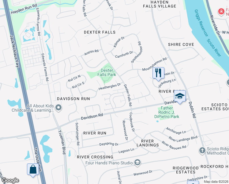 map of restaurants, bars, coffee shops, grocery stores, and more near 4951 Kristie Falls in Columbus