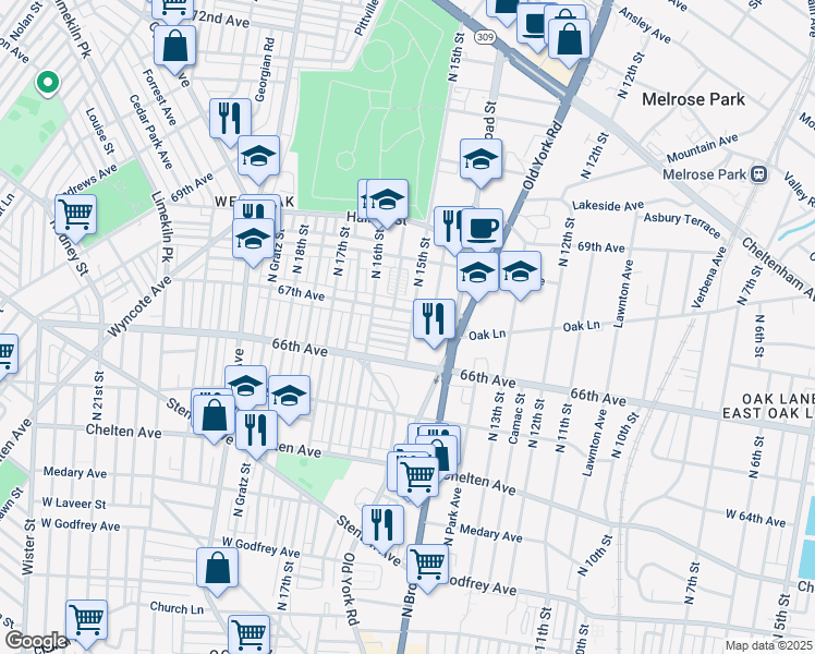 map of restaurants, bars, coffee shops, grocery stores, and more near 1501 Kinsdale Street in Philadelphia