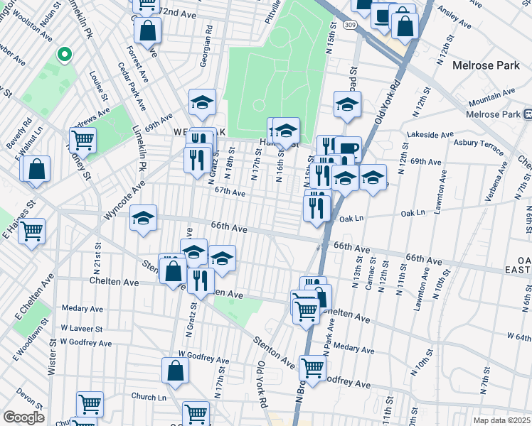 map of restaurants, bars, coffee shops, grocery stores, and more near 6631 North Smedley Street in Philadelphia