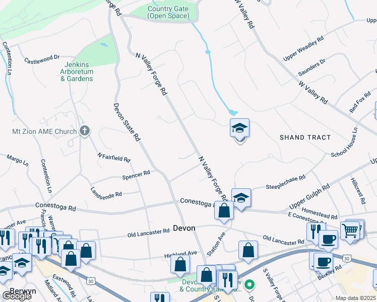 map of restaurants, bars, coffee shops, grocery stores, and more near 410 North Valley Forge Road in Devon