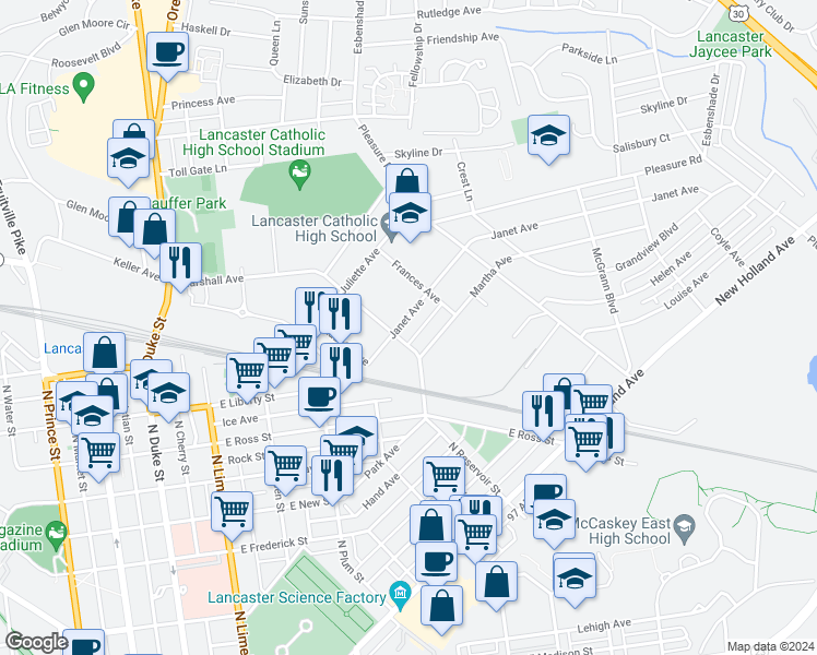 map of restaurants, bars, coffee shops, grocery stores, and more near 615 Janet Avenue in Lancaster