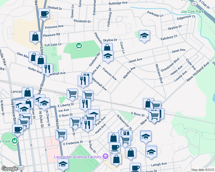 map of restaurants, bars, coffee shops, grocery stores, and more near 1025 Marshall Avenue in Lancaster
