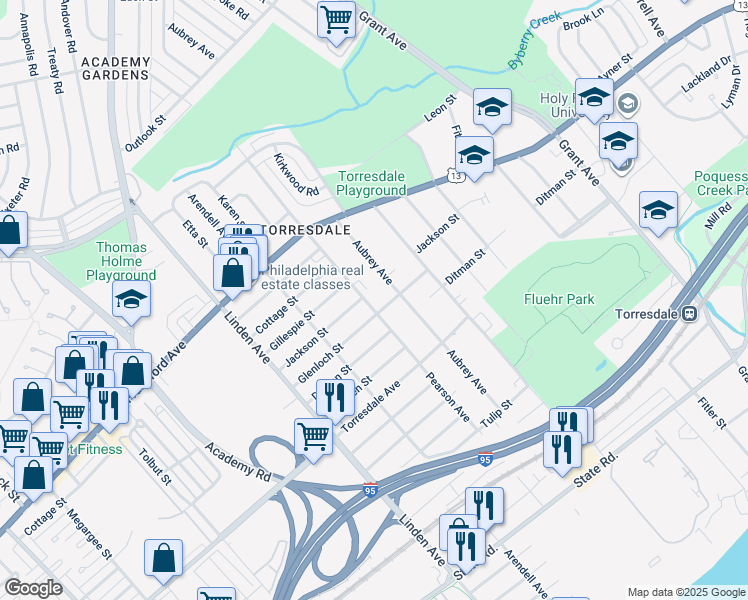 map of restaurants, bars, coffee shops, grocery stores, and more near 4505 Pearson Avenue in Philadelphia