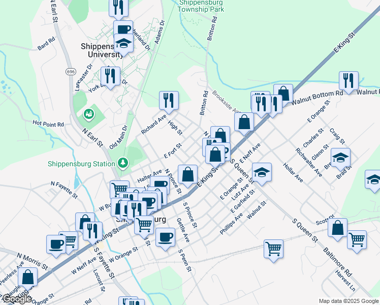 map of restaurants, bars, coffee shops, grocery stores, and more near 321 East Burd Street in Shippensburg