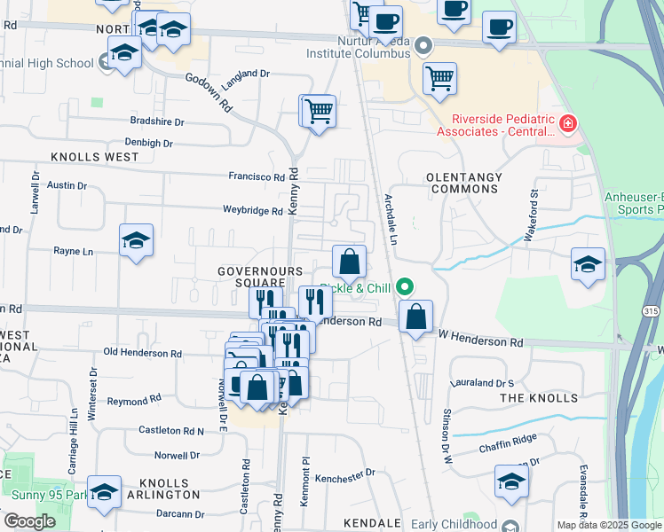 map of restaurants, bars, coffee shops, grocery stores, and more near 1075 Merrimar Circle North in Columbus