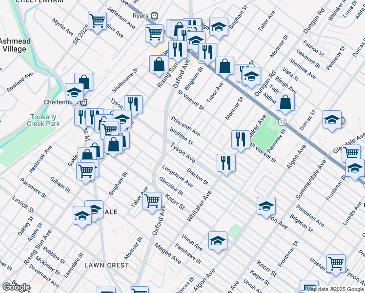 map of restaurants, bars, coffee shops, grocery stores, and more near 707 Tyson Ave in Philadelphia