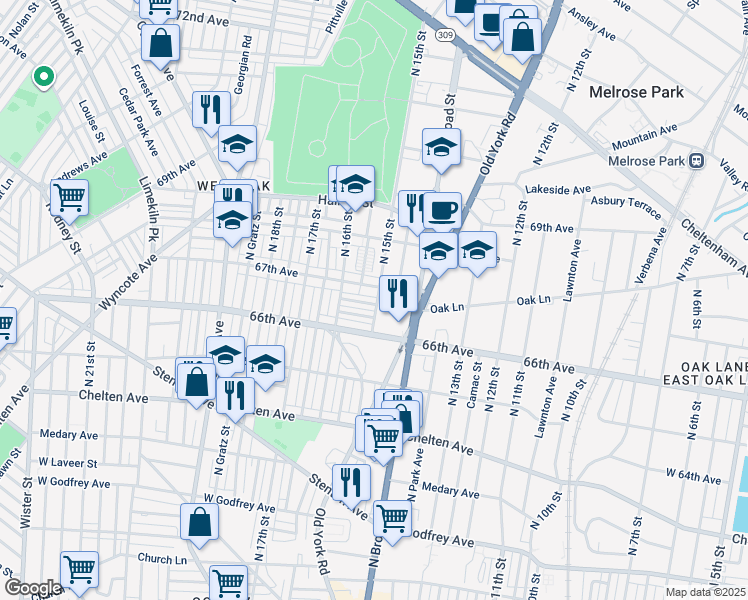 map of restaurants, bars, coffee shops, grocery stores, and more near 1501 Kinsdale Street in Philadelphia