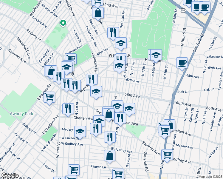 map of restaurants, bars, coffee shops, grocery stores, and more near 6607 North Uber Street in Philadelphia