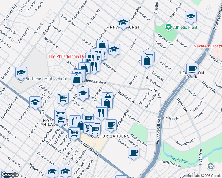 map of restaurants, bars, coffee shops, grocery stores, and more near 2120 Napfle Street in Philadelphia