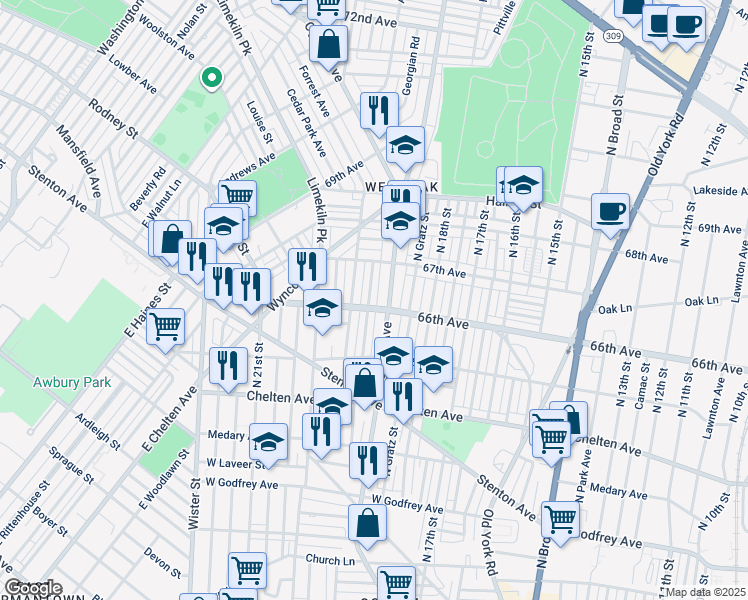 map of restaurants, bars, coffee shops, grocery stores, and more near 6607 North Uber Street in Philadelphia