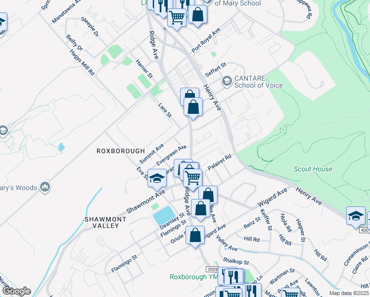 map of restaurants, bars, coffee shops, grocery stores, and more near 483 Evergreen Avenue in Philadelphia