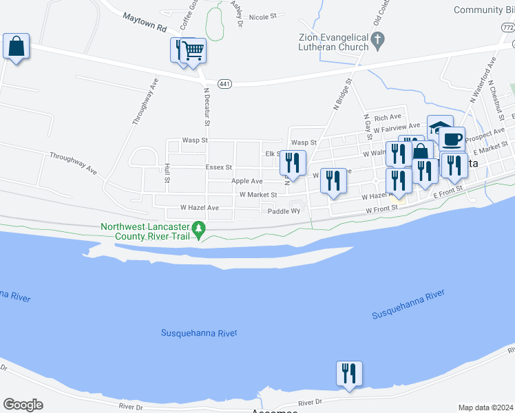 map of restaurants, bars, coffee shops, grocery stores, and more near 505 West Market Street in Marietta
