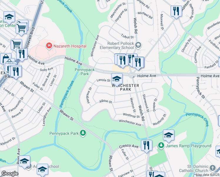 map of restaurants, bars, coffee shops, grocery stores, and more near 8020 Colfax Street in Philadelphia