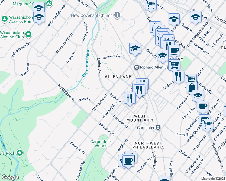 map of restaurants, bars, coffee shops, grocery stores, and more near 350 West Allens Lane in Philadelphia