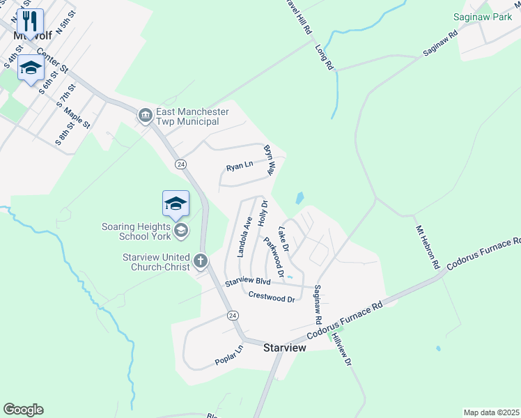 map of restaurants, bars, coffee shops, grocery stores, and more near 428 Holly Drive in Mount Wolf
