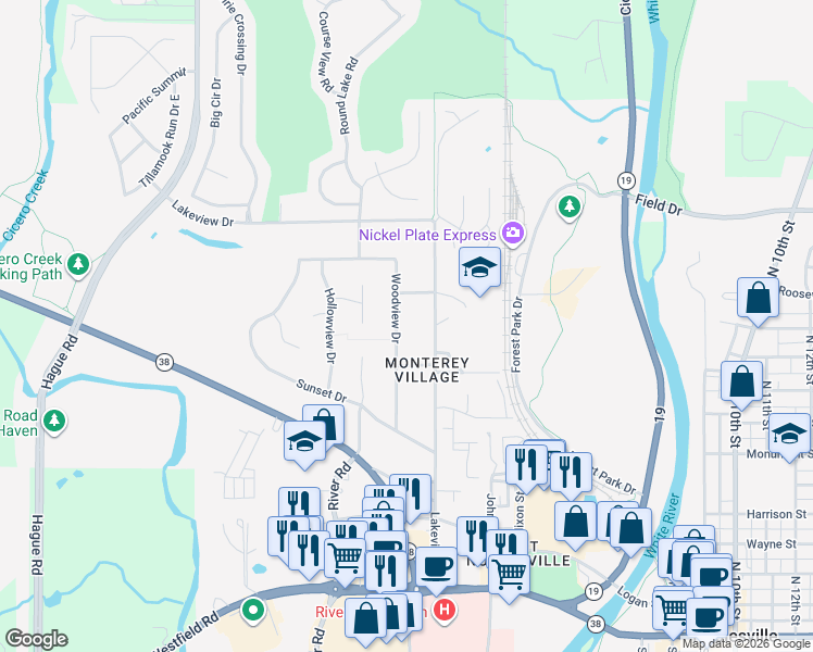 map of restaurants, bars, coffee shops, grocery stores, and more near 432 Woodview Drive in Noblesville