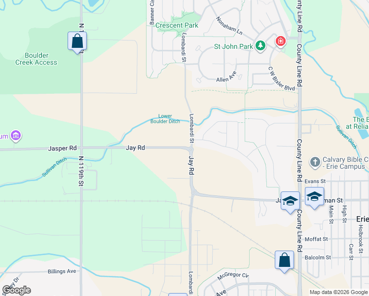 map of restaurants, bars, coffee shops, grocery stores, and more near 12001 Jay Road in Erie