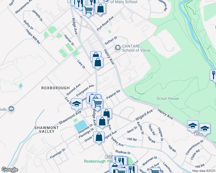 map of restaurants, bars, coffee shops, grocery stores, and more near 7841 Ridge Avenue in Philadelphia