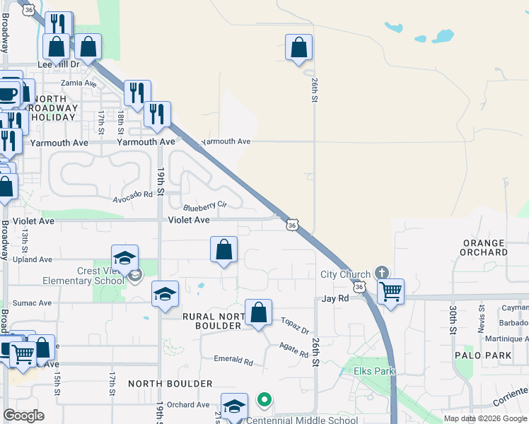 map of restaurants, bars, coffee shops, grocery stores, and more near 2277 Vineyard Place in Boulder