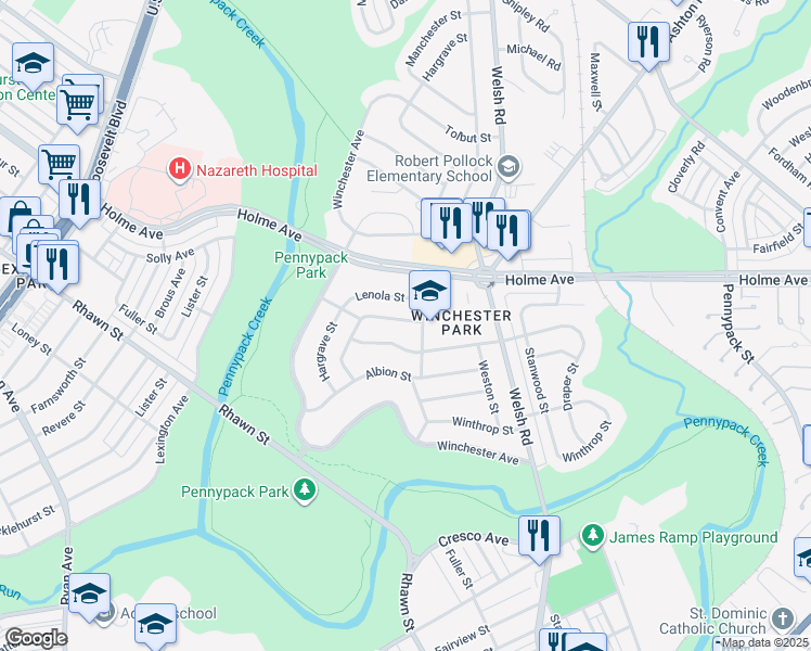 map of restaurants, bars, coffee shops, grocery stores, and more near 8020 Colfax Street in Philadelphia