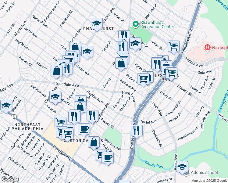 map of restaurants, bars, coffee shops, grocery stores, and more near 2300 Hartel Avenue in Philadelphia