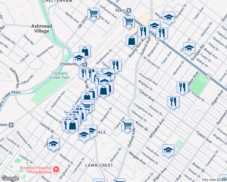 map of restaurants, bars, coffee shops, grocery stores, and more near 543 Glenview Street in Philadelphia