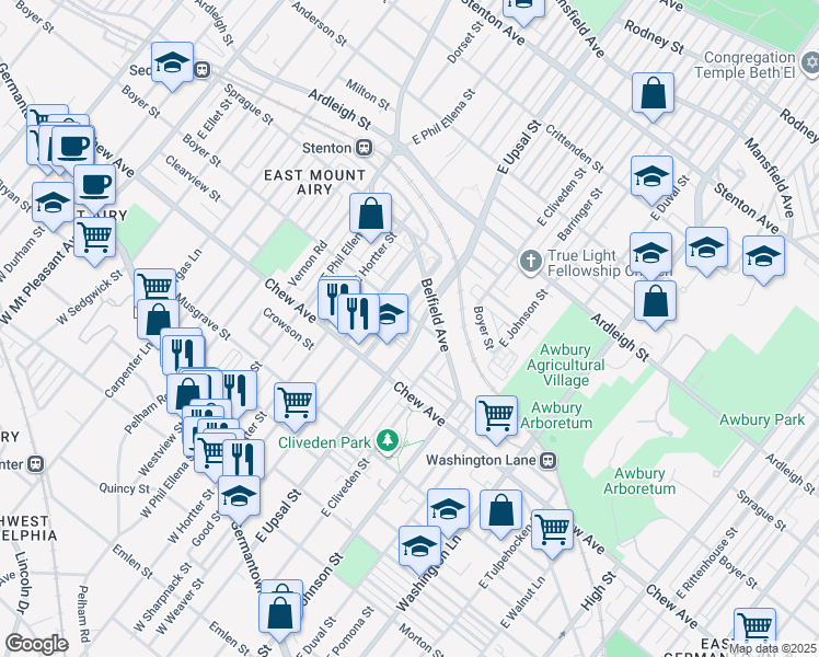 map of restaurants, bars, coffee shops, grocery stores, and more near 390 East Upsal Street in Philadelphia