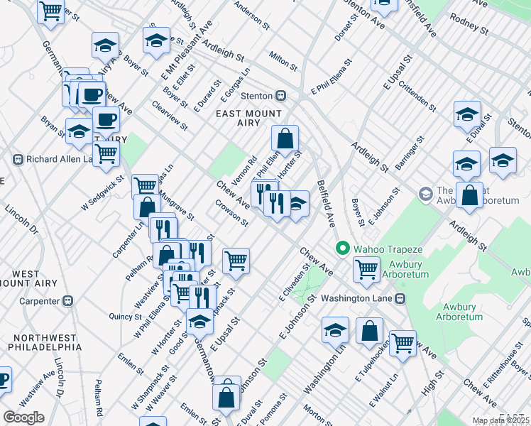 map of restaurants, bars, coffee shops, grocery stores, and more near 6630 Chew Avenue in Philadelphia