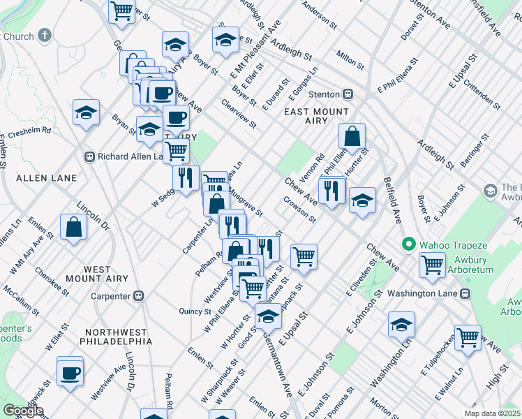 map of restaurants, bars, coffee shops, grocery stores, and more near 66 Slocum Street in Philadelphia