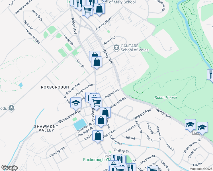 map of restaurants, bars, coffee shops, grocery stores, and more near 7841 Ridge Avenue in Philadelphia