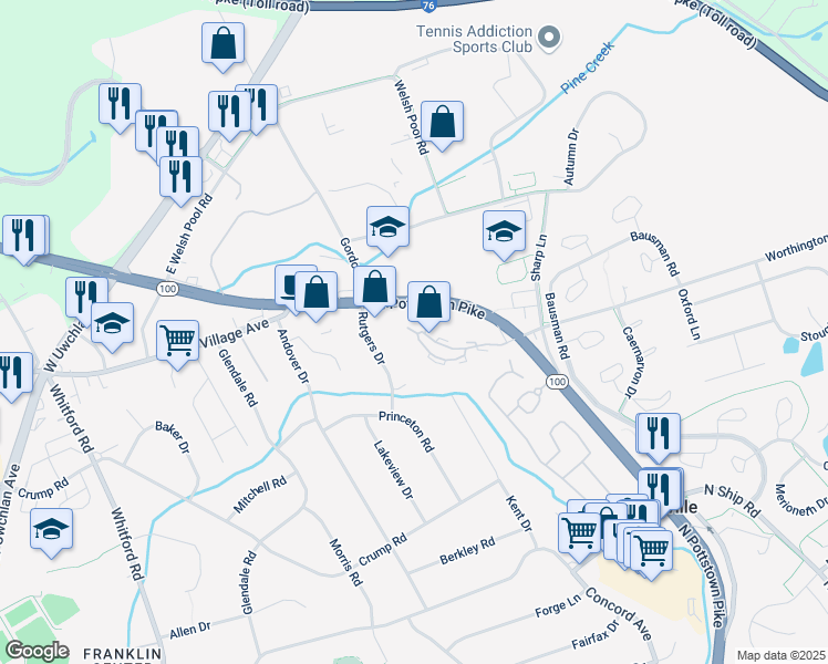 map of restaurants, bars, coffee shops, grocery stores, and more near 301 Worthington Drive in Exton