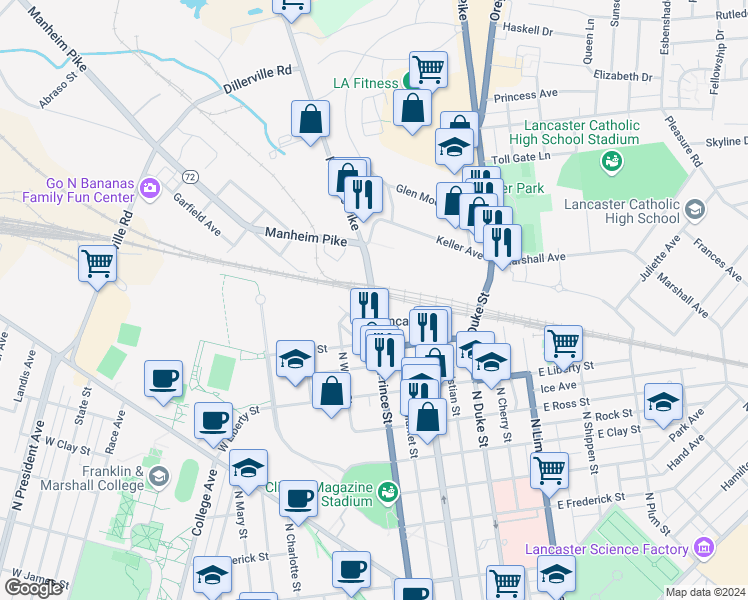 map of restaurants, bars, coffee shops, grocery stores, and more near 126 Manheim Avenue in Lancaster