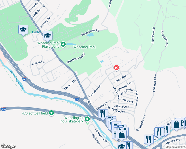 map of restaurants, bars, coffee shops, grocery stores, and more near 108 Queen Avenue in Wheeling