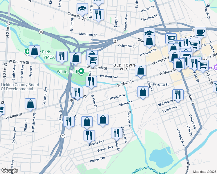 map of restaurants, bars, coffee shops, grocery stores, and more near 325 West Main Street in Newark
