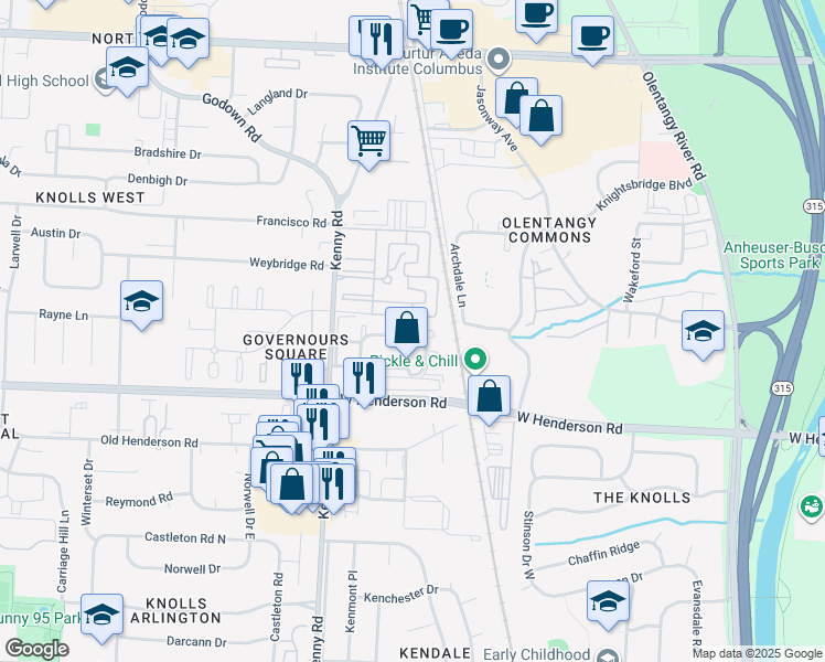 map of restaurants, bars, coffee shops, grocery stores, and more near 4655 Merrimar Circle East in Columbus