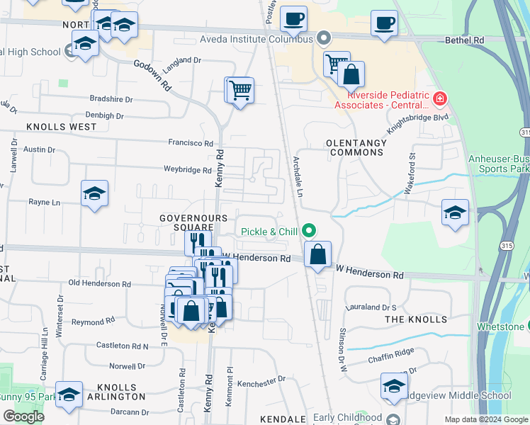 map of restaurants, bars, coffee shops, grocery stores, and more near 4655 Merrimar Circle East in Columbus