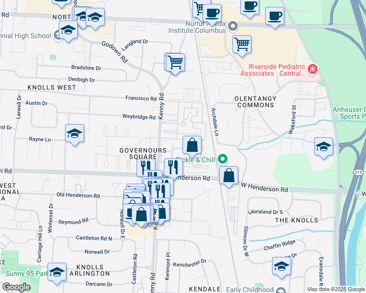 map of restaurants, bars, coffee shops, grocery stores, and more near 1075 Merrimar Circle North in Columbus