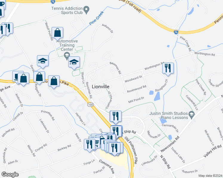 map of restaurants, bars, coffee shops, grocery stores, and more near 307 North Snowdon Court in Exton